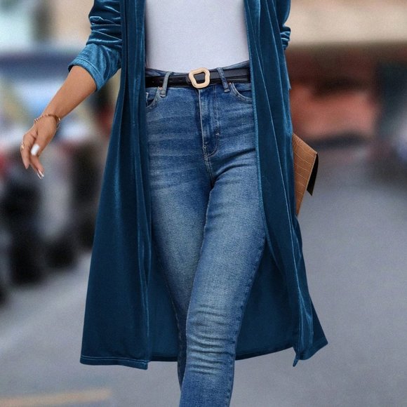 Blue Casual Womens Shawl Collar Open Front Velvet Coat - Picture 4 of 5